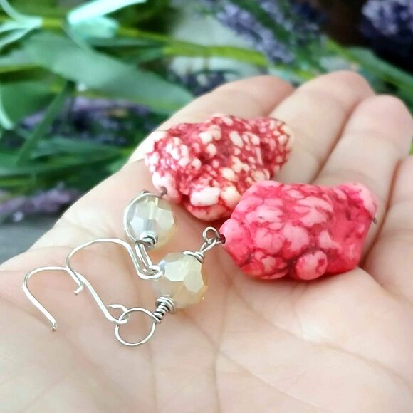 Large Boho Style Howlite Dangle Earrings, Neon Pink, Boho Chic, Statement - Picture 4 of 6